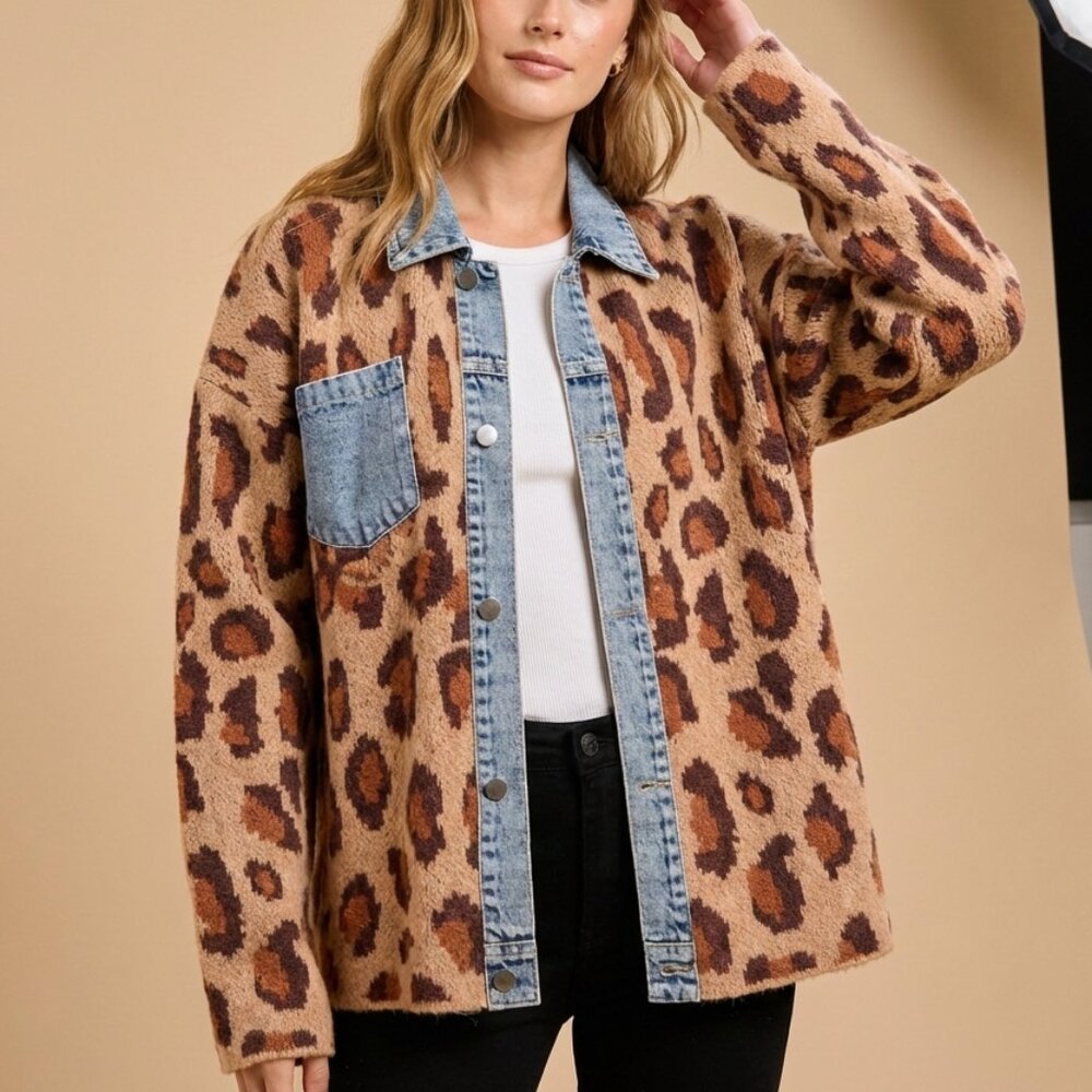 SILK & LACE Leopard Print Denim Jean Jacket Animal Print Cardigan